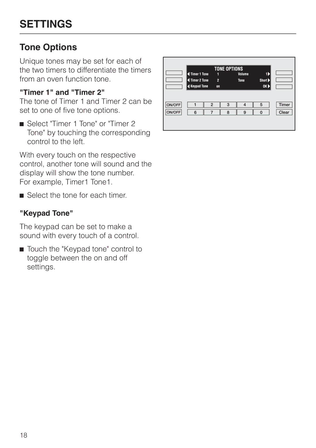 Miele H397BP2, H398BP2 operating instructions Tone Options, Timer 1 and Timer, Keypad Tone 