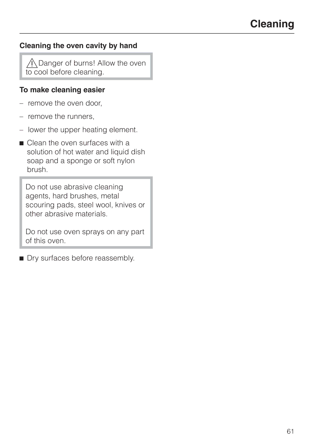 Miele H398BP2, H397BP2 operating instructions Cleaning the oven cavity by hand To make cleaning easier 