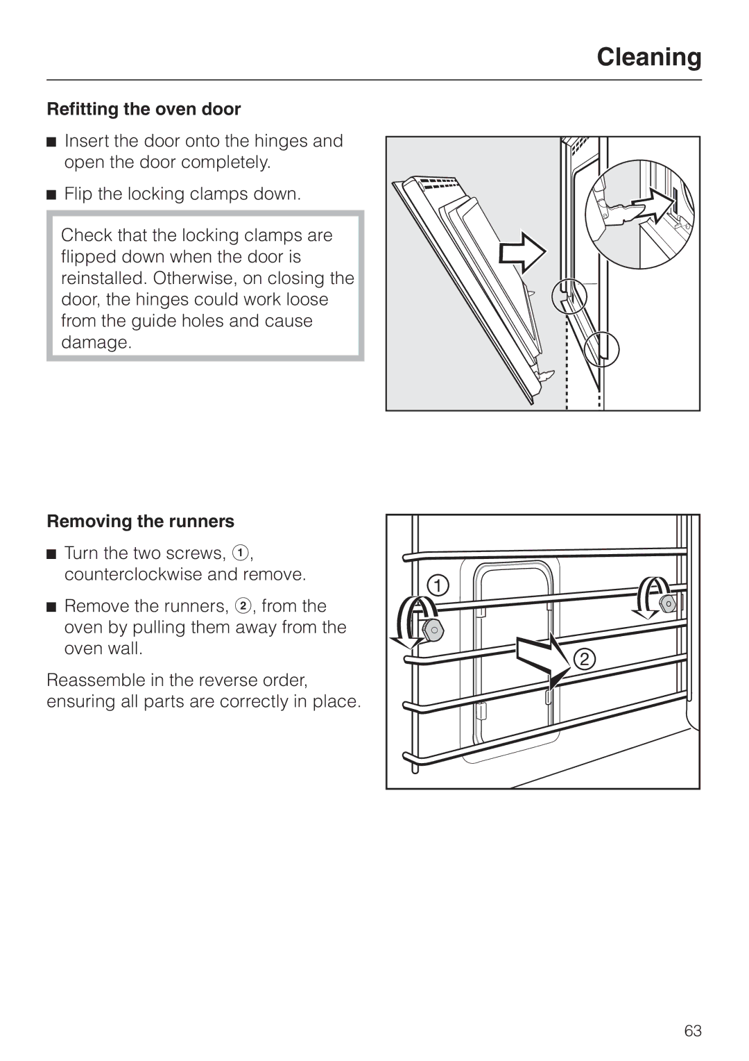 Miele H398BP2, H397BP2 operating instructions Refitting the oven door, Removing the runners 