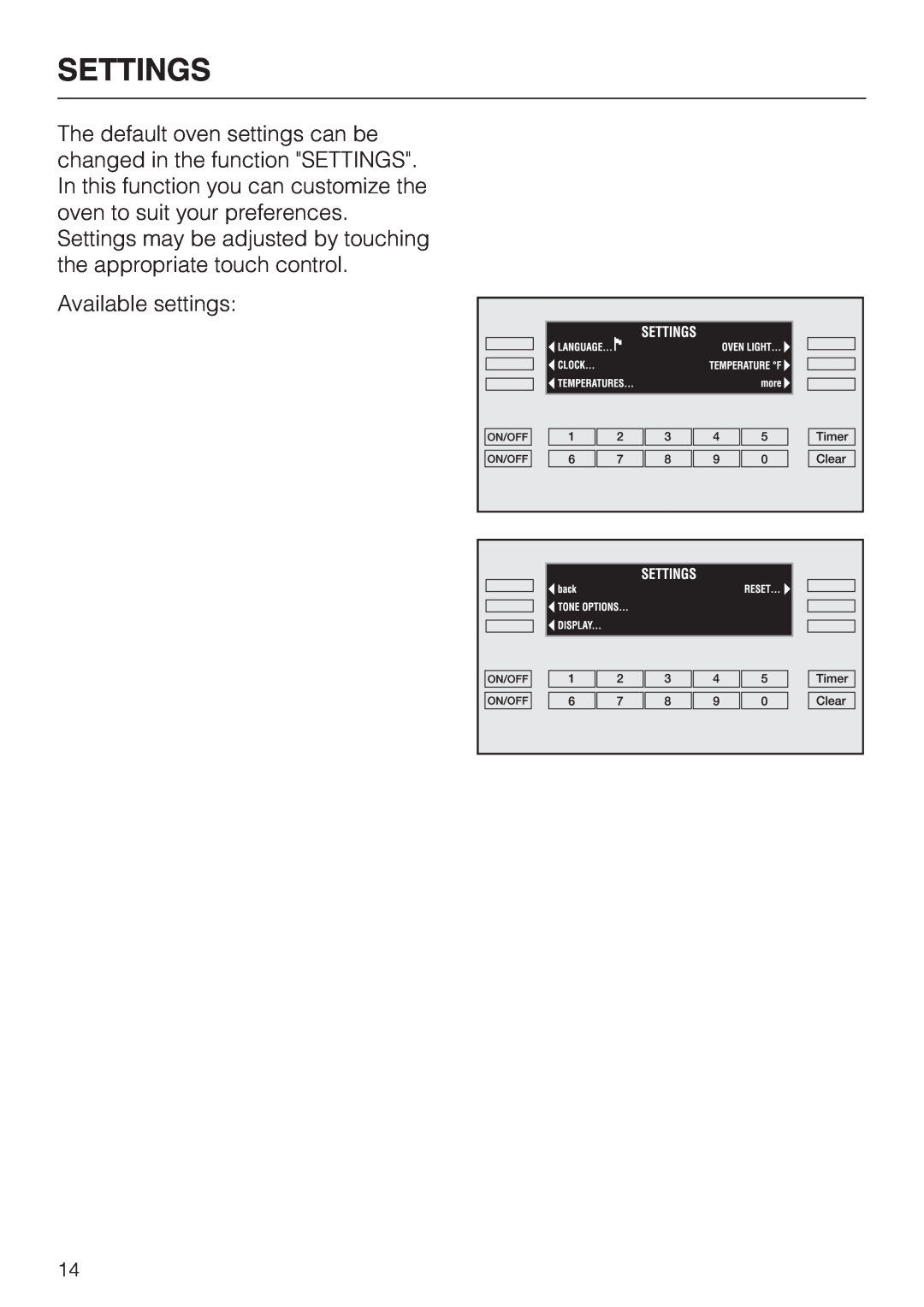 Miele H397BP2, H398BP2 operating instructions Settings, Available settings 