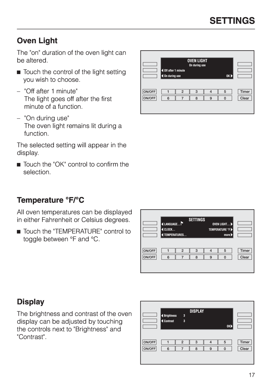Miele H398BP2, H397BP2 operating instructions Oven Light, Temperature F/C, Display, Settings 