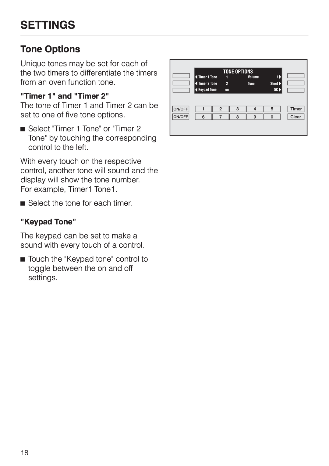 Miele H397BP2, H398BP2 operating instructions Tone Options, Settings, Timer 1 and Timer, Keypad Tone 