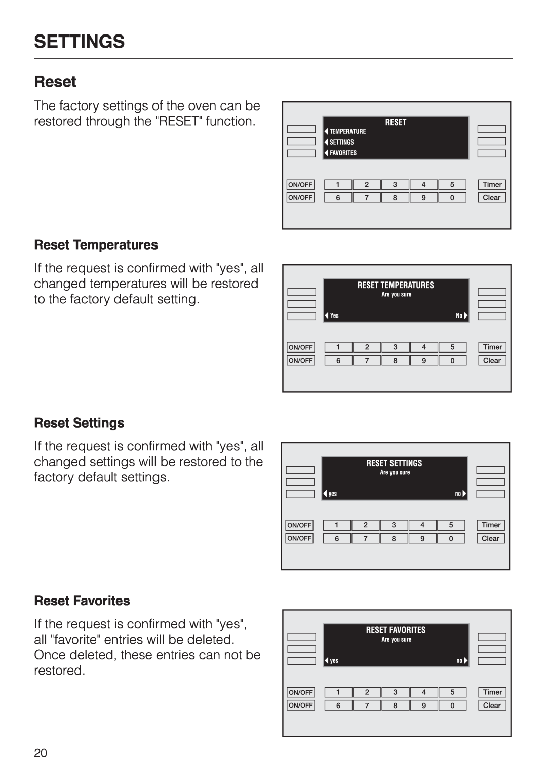 Miele H397BP2, H398BP2 operating instructions Reset Temperatures, Reset Settings, Reset Favorites 