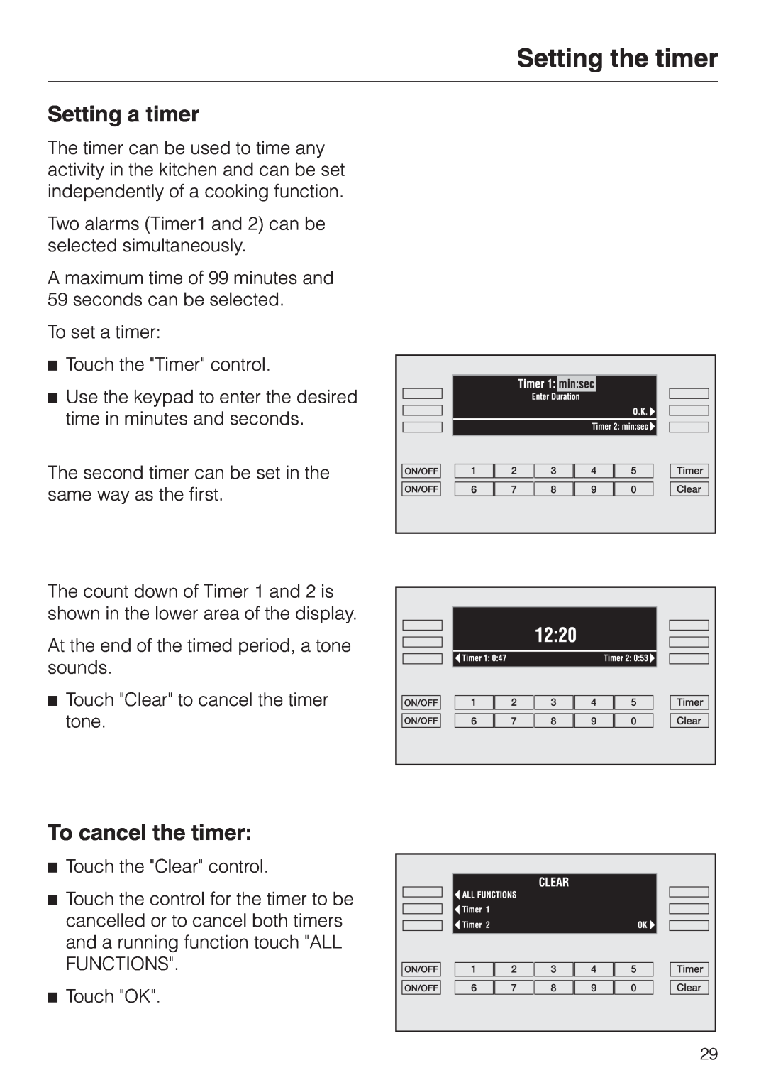 Miele H398BP2, H397BP2 operating instructions Setting the timer, Setting a timer, To cancel the timer 