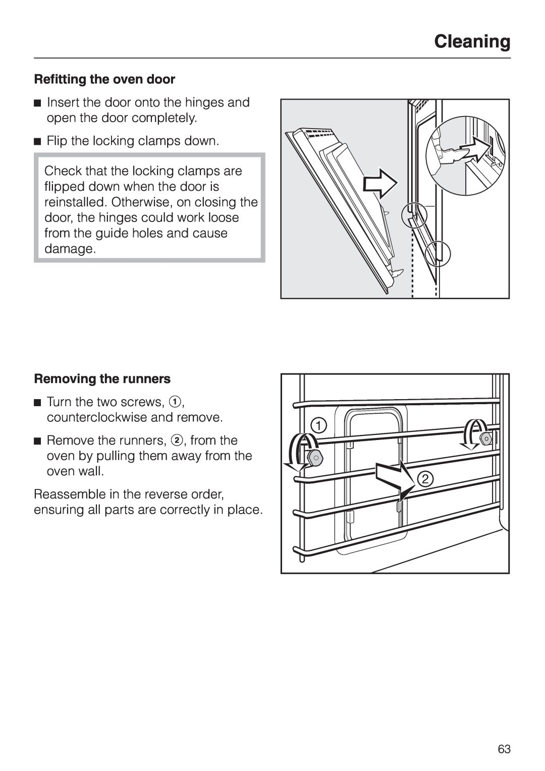 Miele H398BP2, H397BP2 operating instructions Cleaning, Refitting the oven door, Removing the runners 