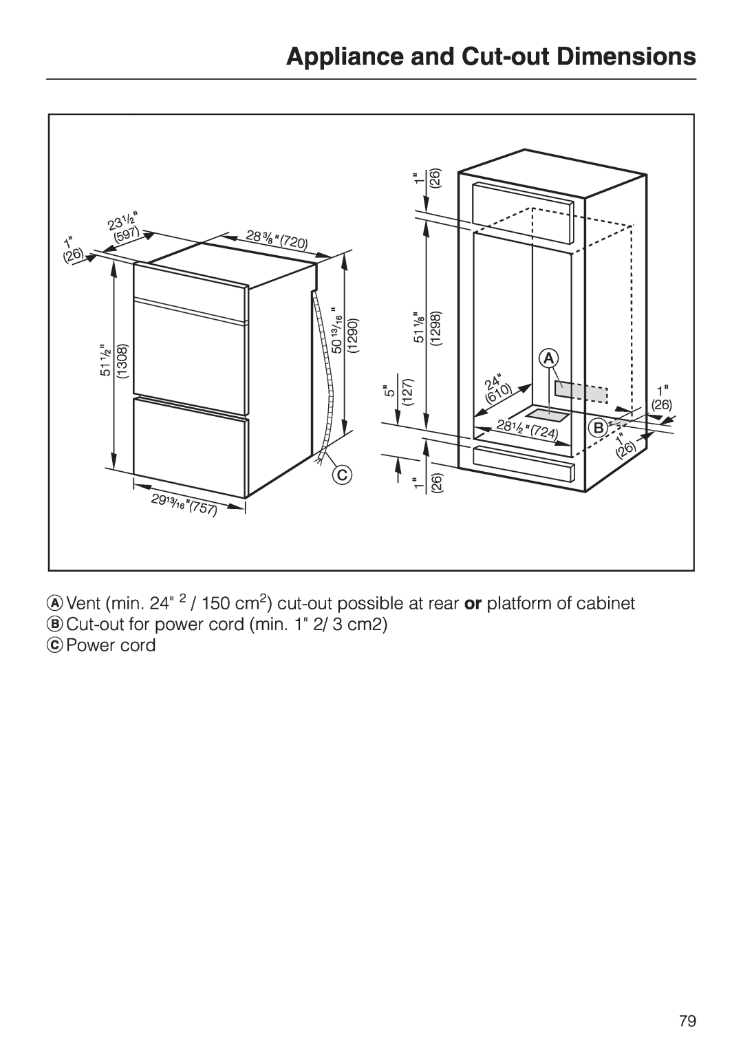 Miele H398BP2, H397BP2 operating instructions Appliance and Cut-outDimensions, cPower cord 