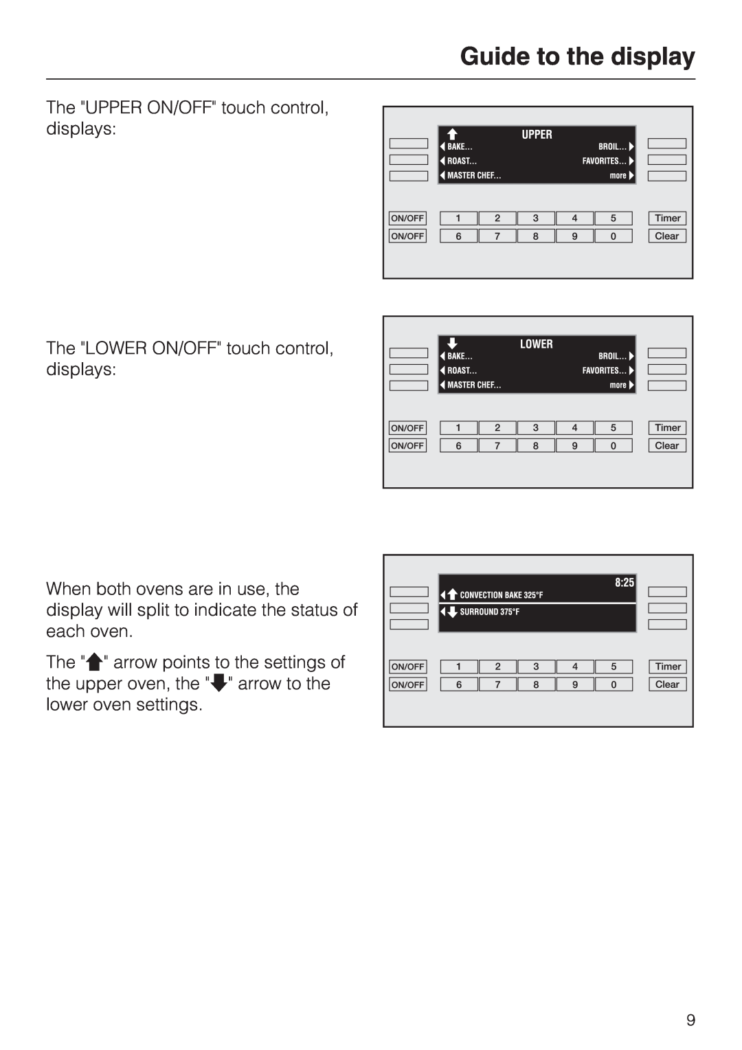 Miele H398BP2 Guide to the display, The UPPER ON/OFF touch control, displays, The LOWER ON/OFF touch control, displays 