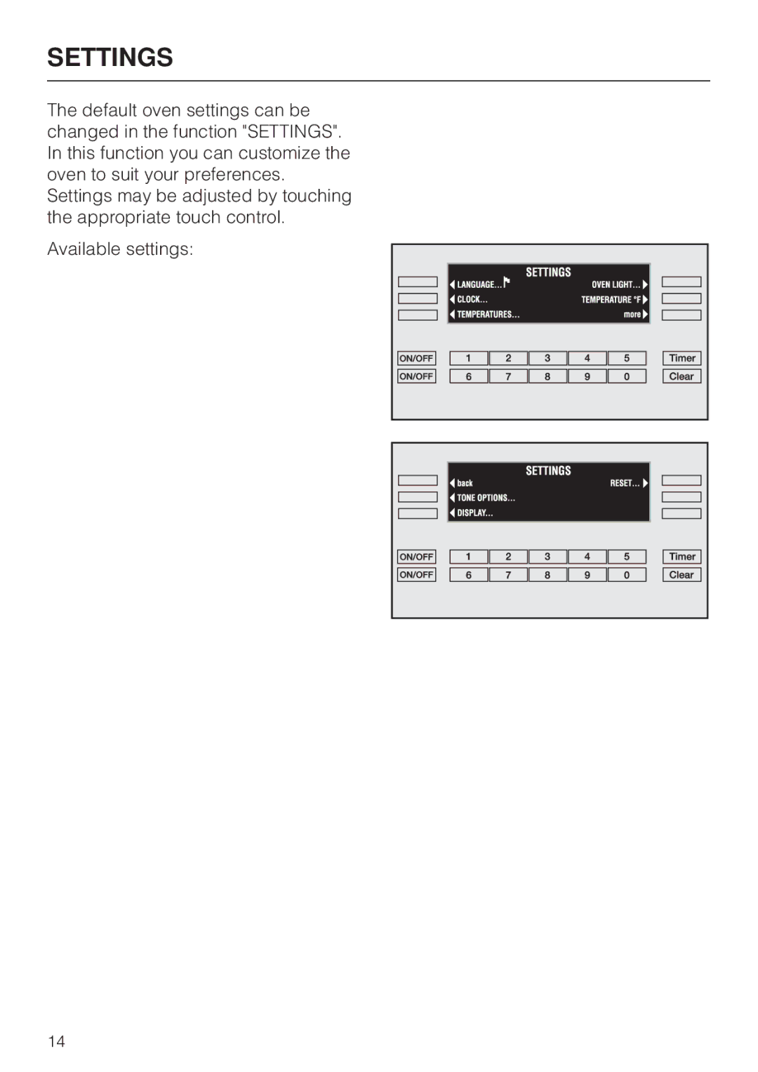 Miele H398B2, H397B2 manual Settings 