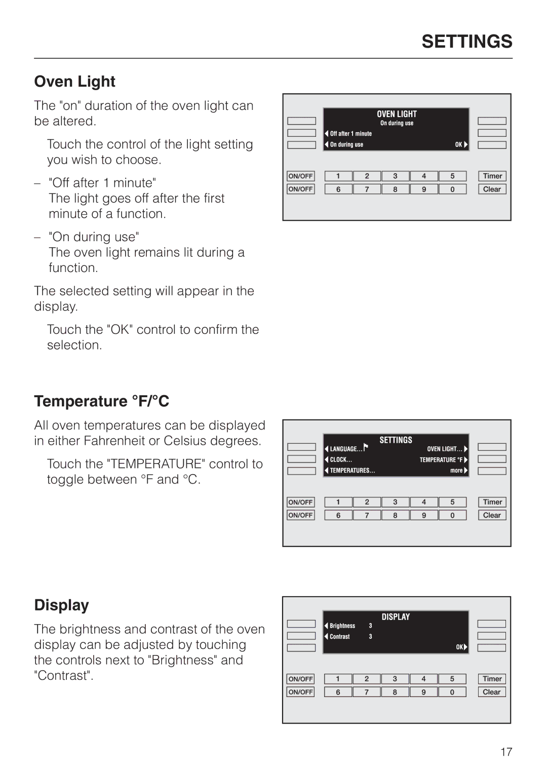 Miele H397B2, H398B2 manual Oven Light, Temperature F/C, Display 