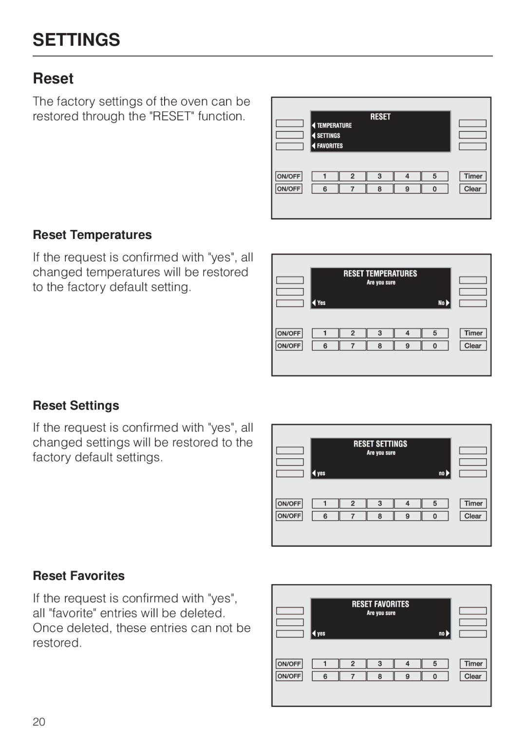 Miele H398B2, H397B2 manual Reset Temperatures, Reset Settings, Reset Favorites 