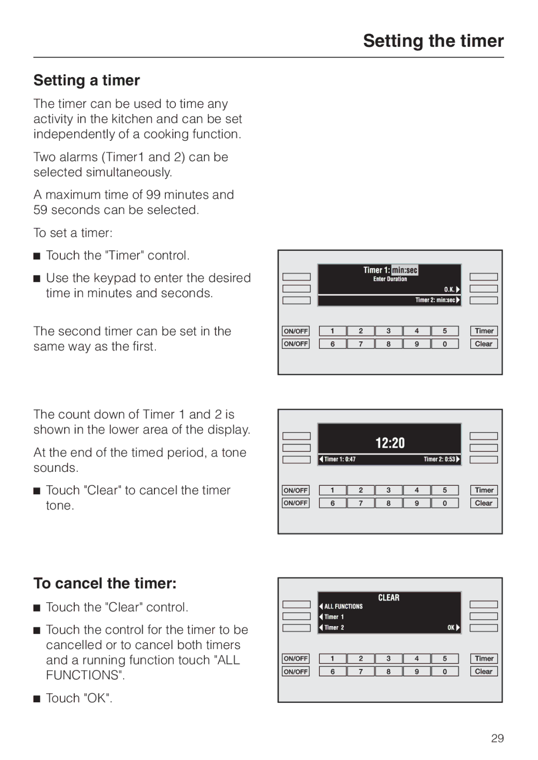 Miele H397B2, H398B2 manual Setting the timer, Setting a timer, To cancel the timer 