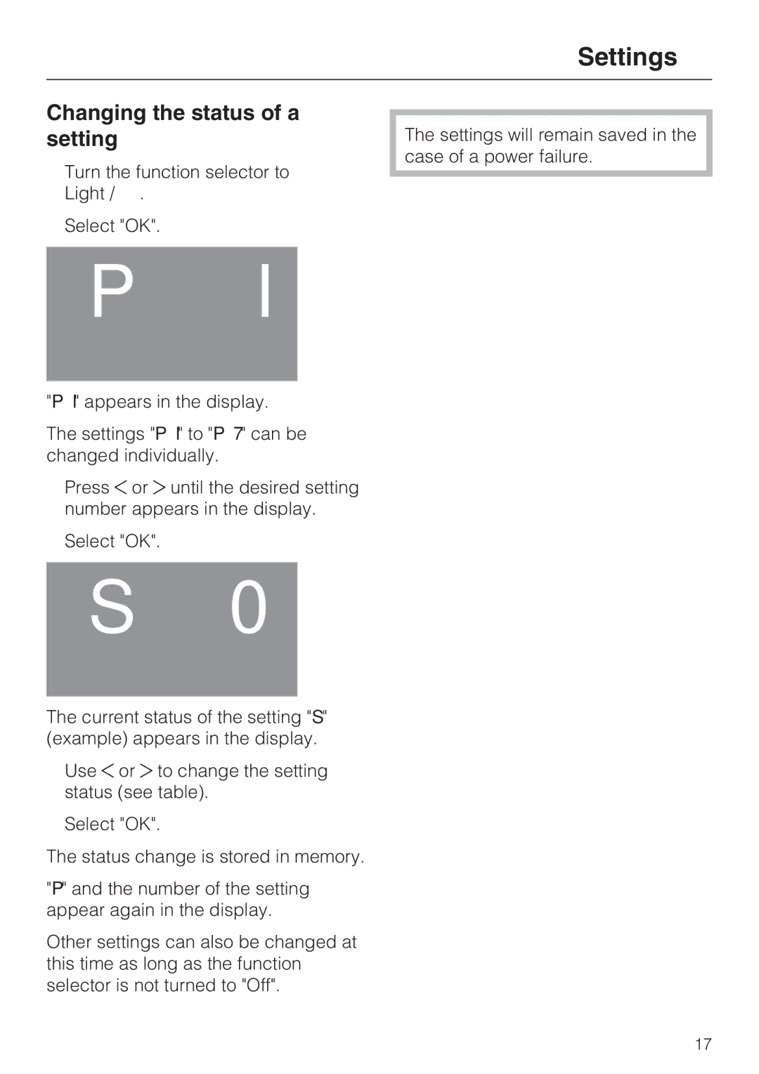 Miele H4042BM installation instructions Changing the status of a setting 