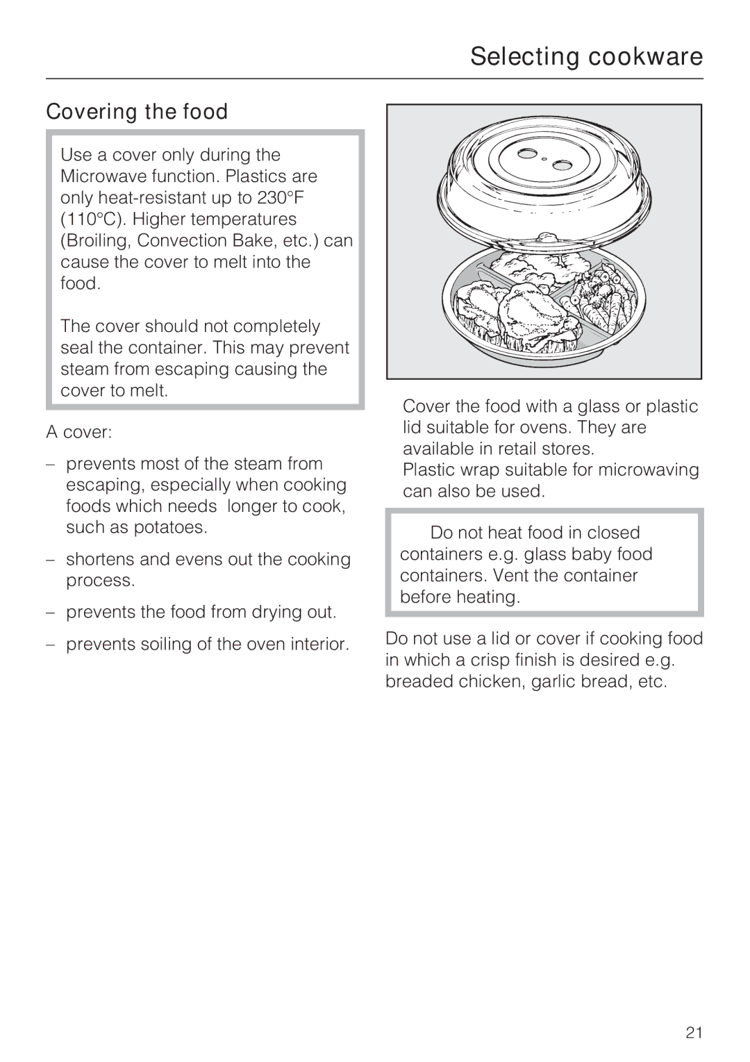 Miele H4042BM installation instructions Covering the food 