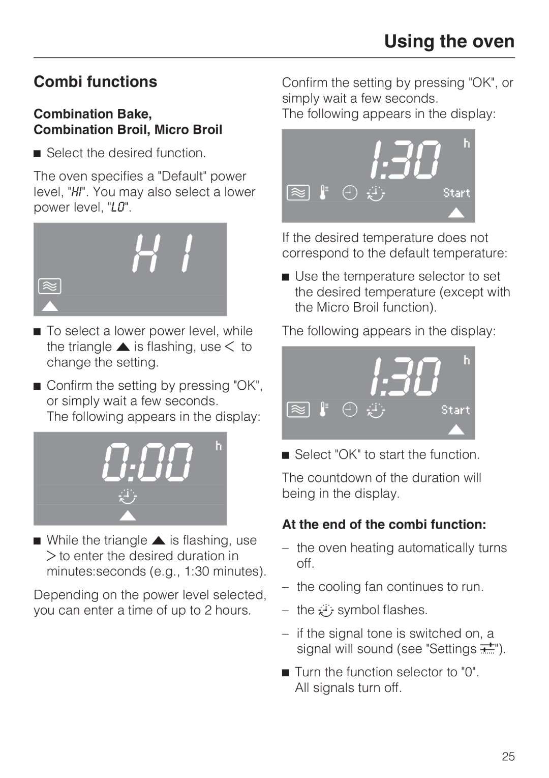 Miele H4042BM Combi functions, Combination Bake, Combination Broil, Micro Broil, At the end of the combi function 