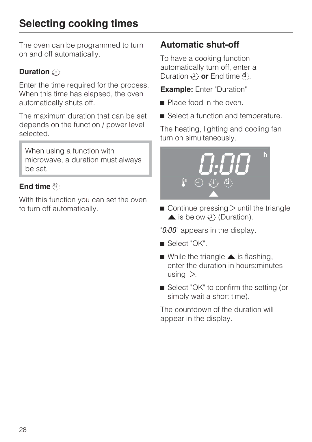 Miele H4042BM installation instructions Selecting cooking times, Automatic shut-off, Duration, End time 