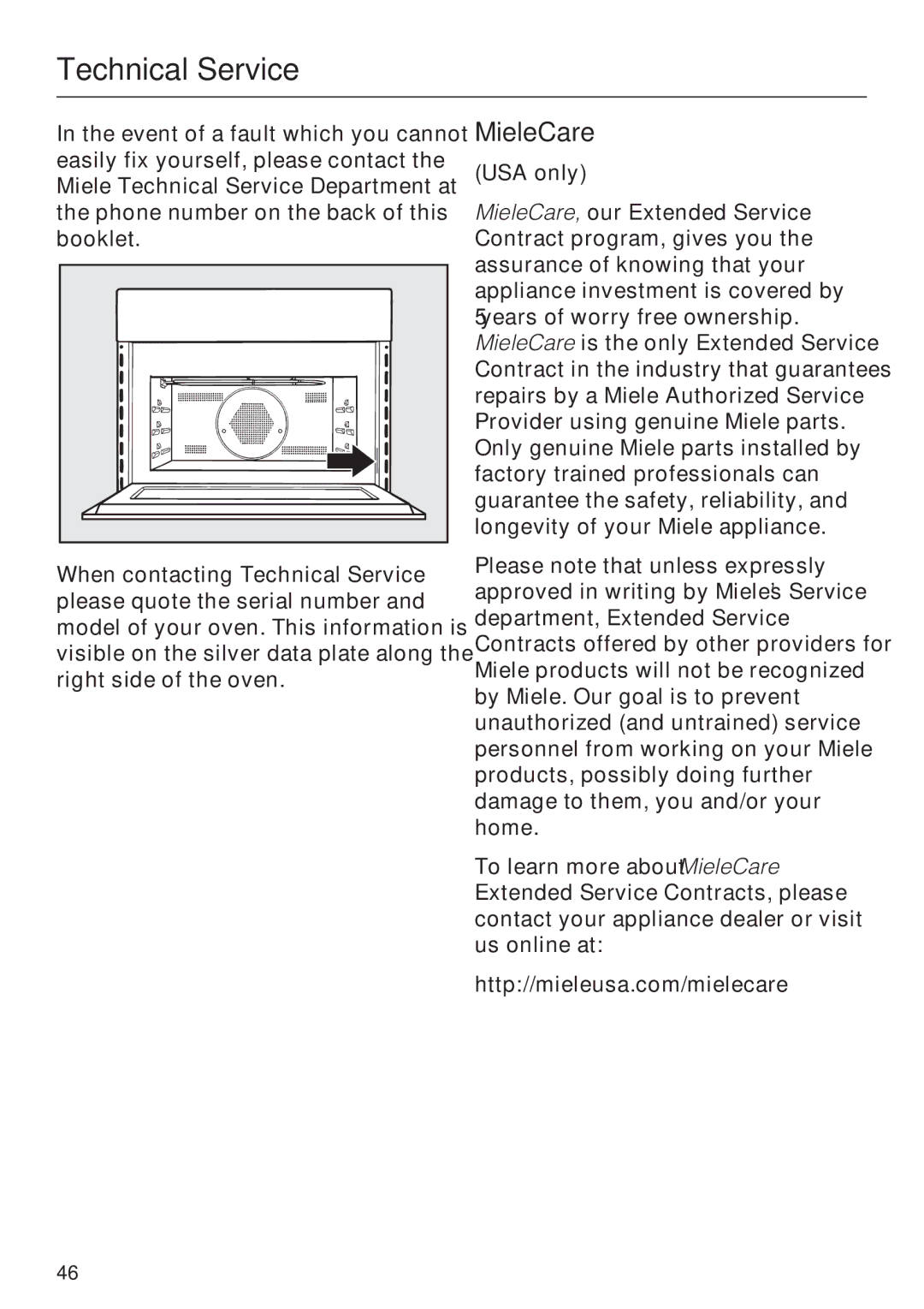 Miele H4042BM installation instructions Technical Service, MieleCare 