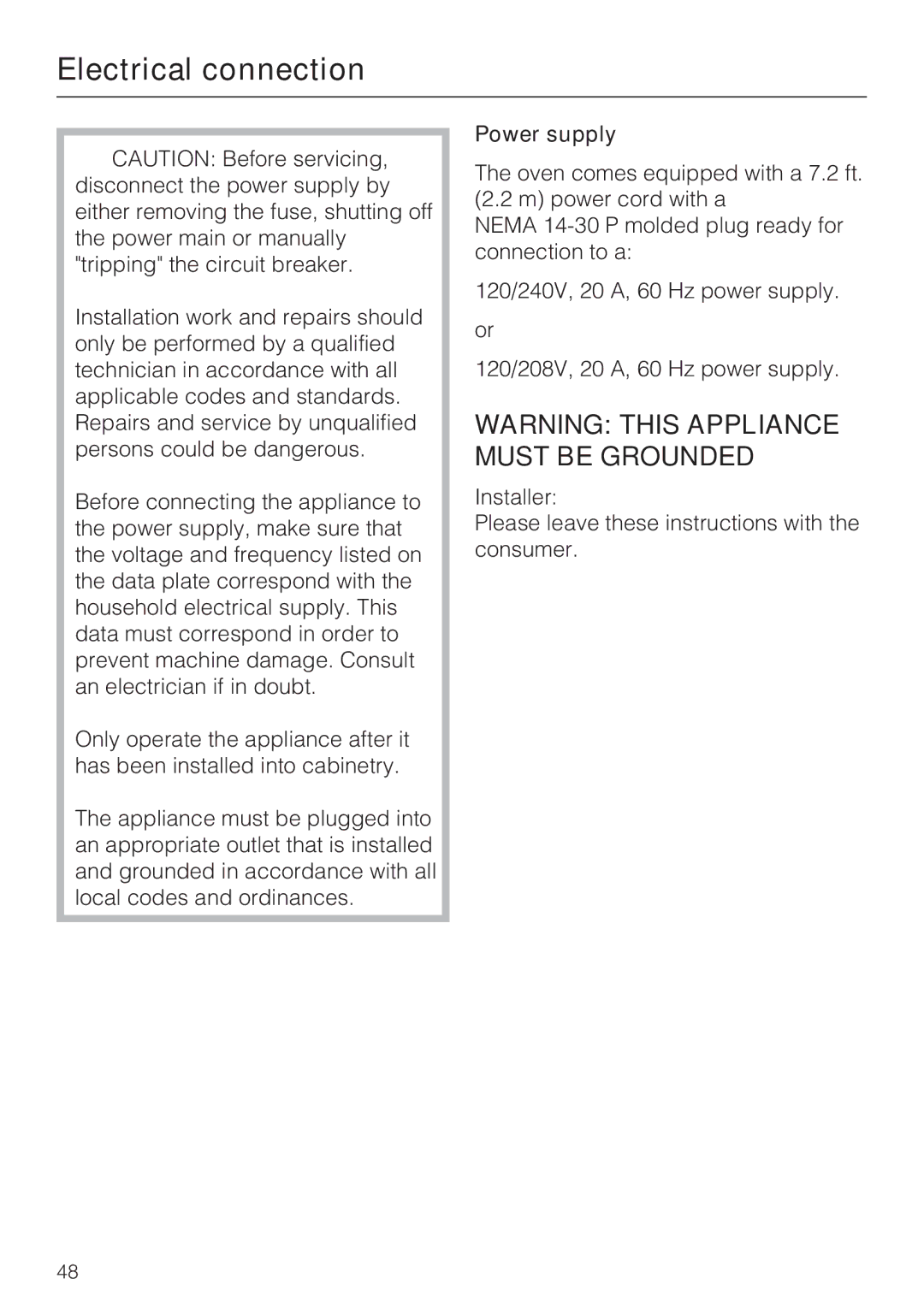 Miele H4042BM installation instructions Electrical connection, Power supply 