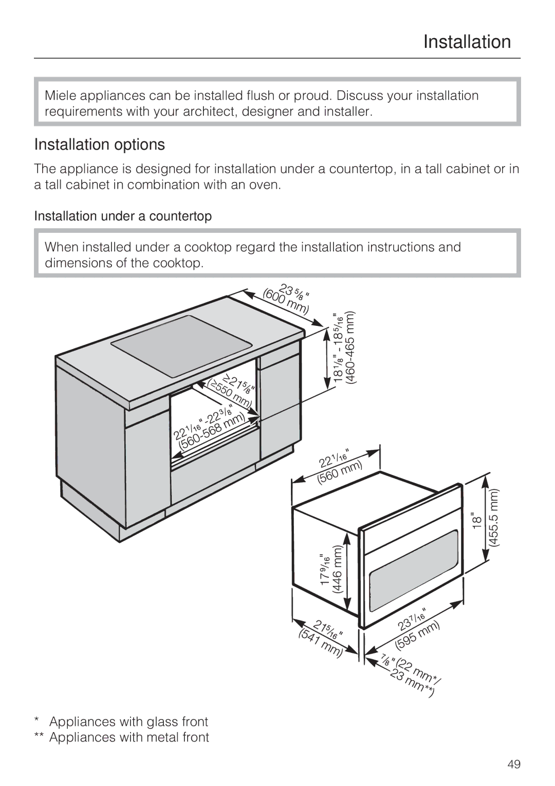 Miele H4042BM installation instructions Installation options, Installation under a countertop 