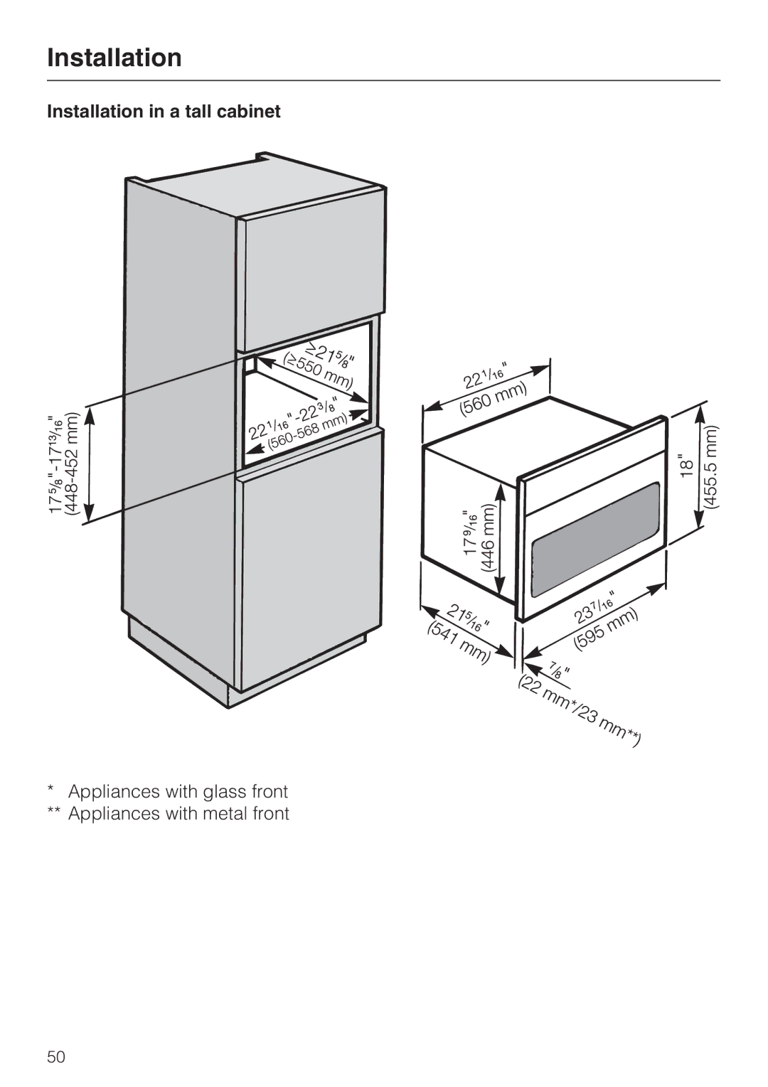 Miele H4042BM installation instructions Installation in a tall cabinet 