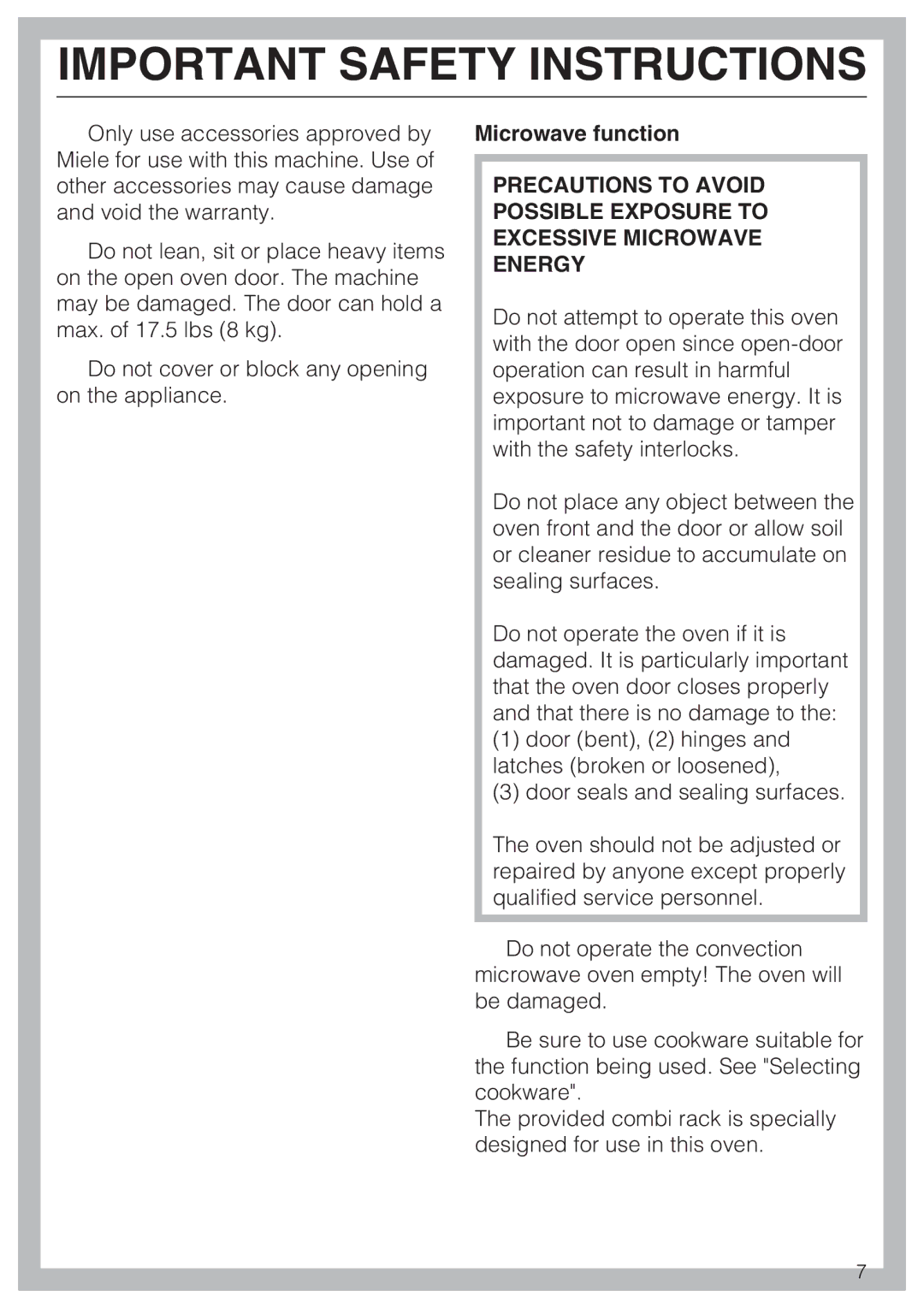 Miele H4042BM installation instructions Microwave function 