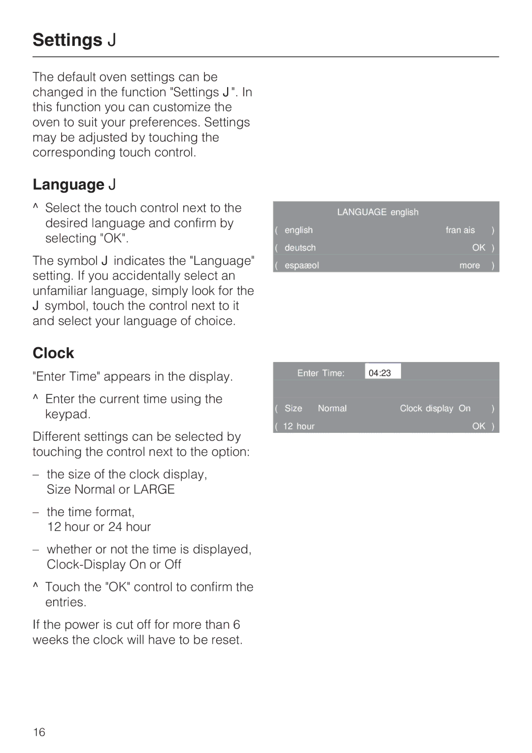 Miele H4080BM installation instructions Settings J, Language J, Clock 