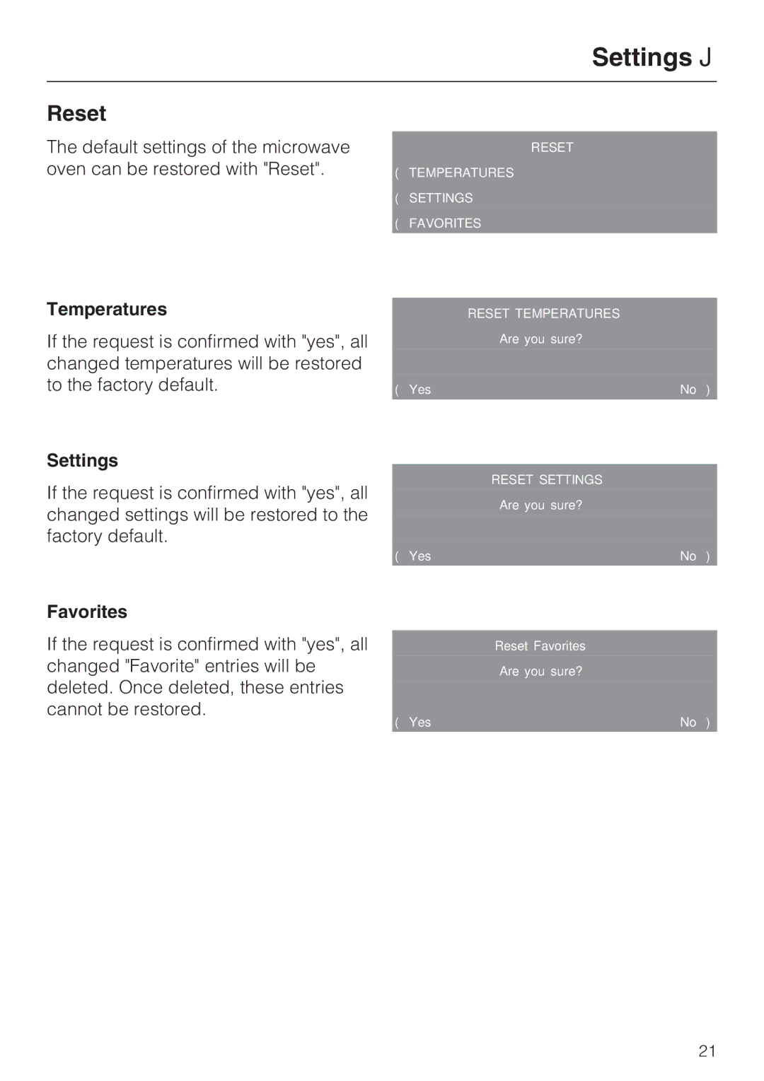 Miele H4080BM installation instructions Reset, Temperatures, Settings, Favorites 