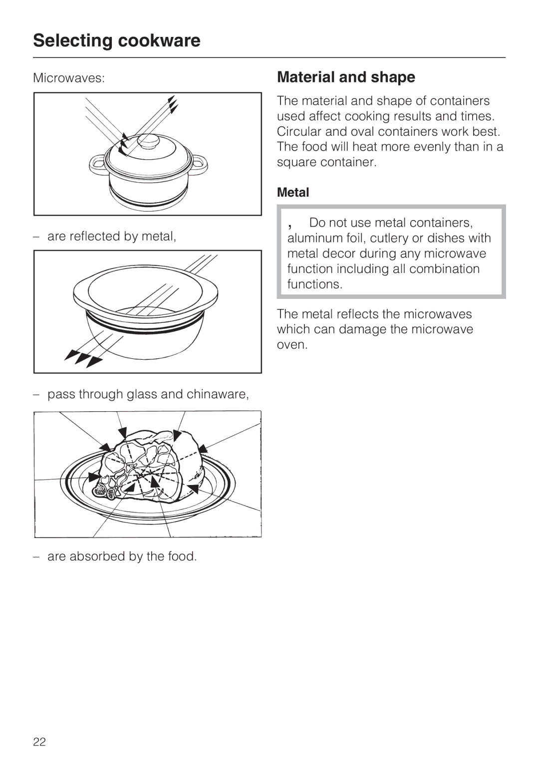 Miele H4080BM installation instructions Selecting cookware, Material and shape, Metal 