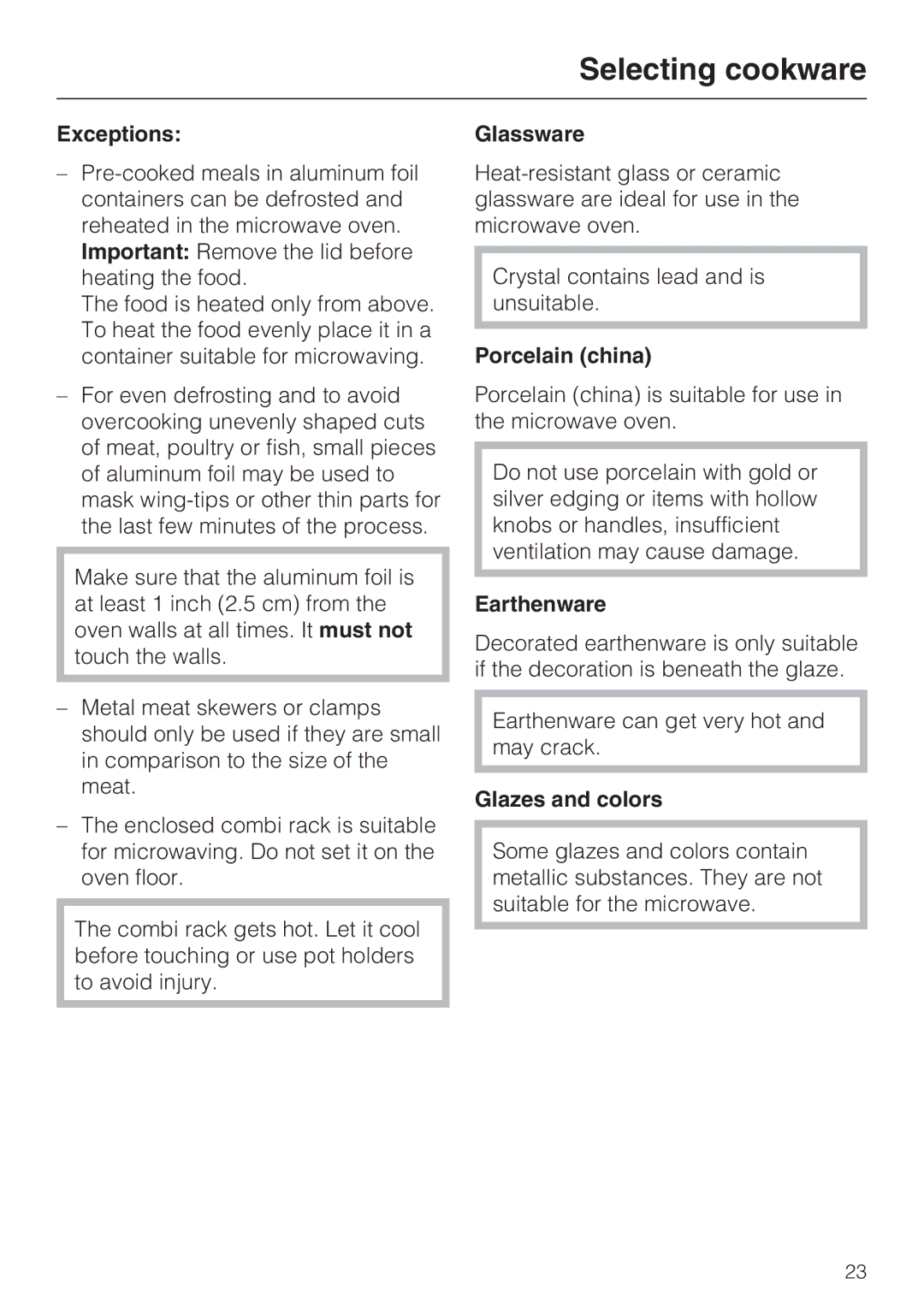 Miele H4080BM installation instructions Exceptions, Glassware, Porcelain china, Earthenware, Glazes and colors 