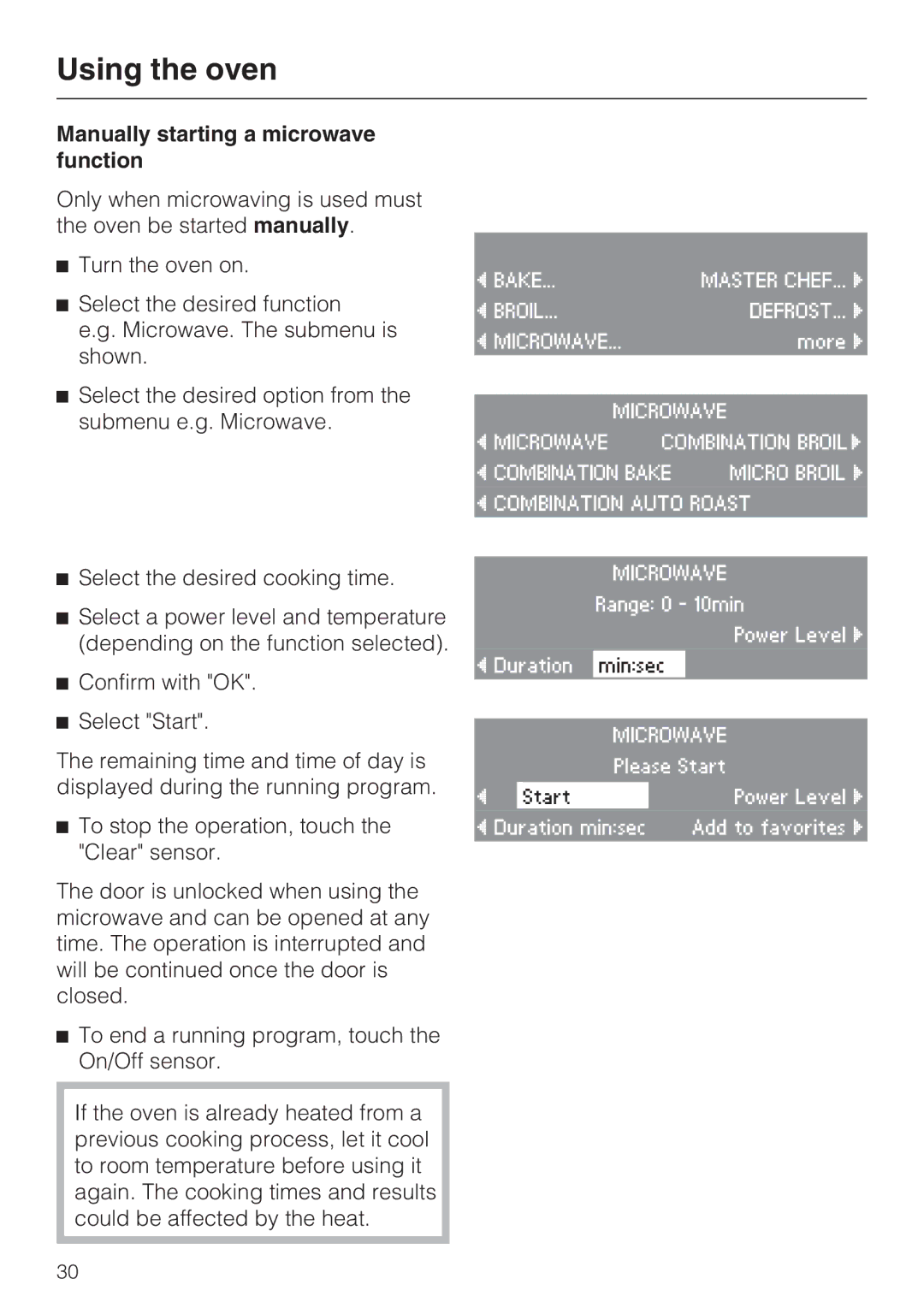 Miele H4080BM installation instructions Manually starting a microwave function 