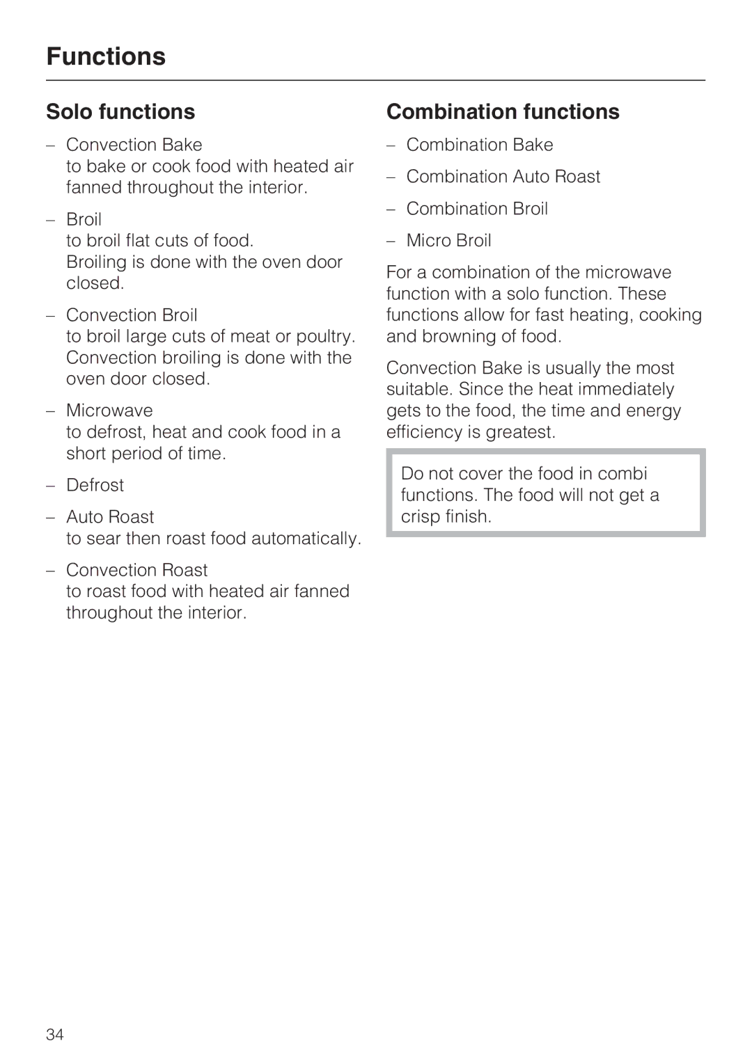 Miele H4080BM installation instructions Functions, Solo functions, Combination functions 