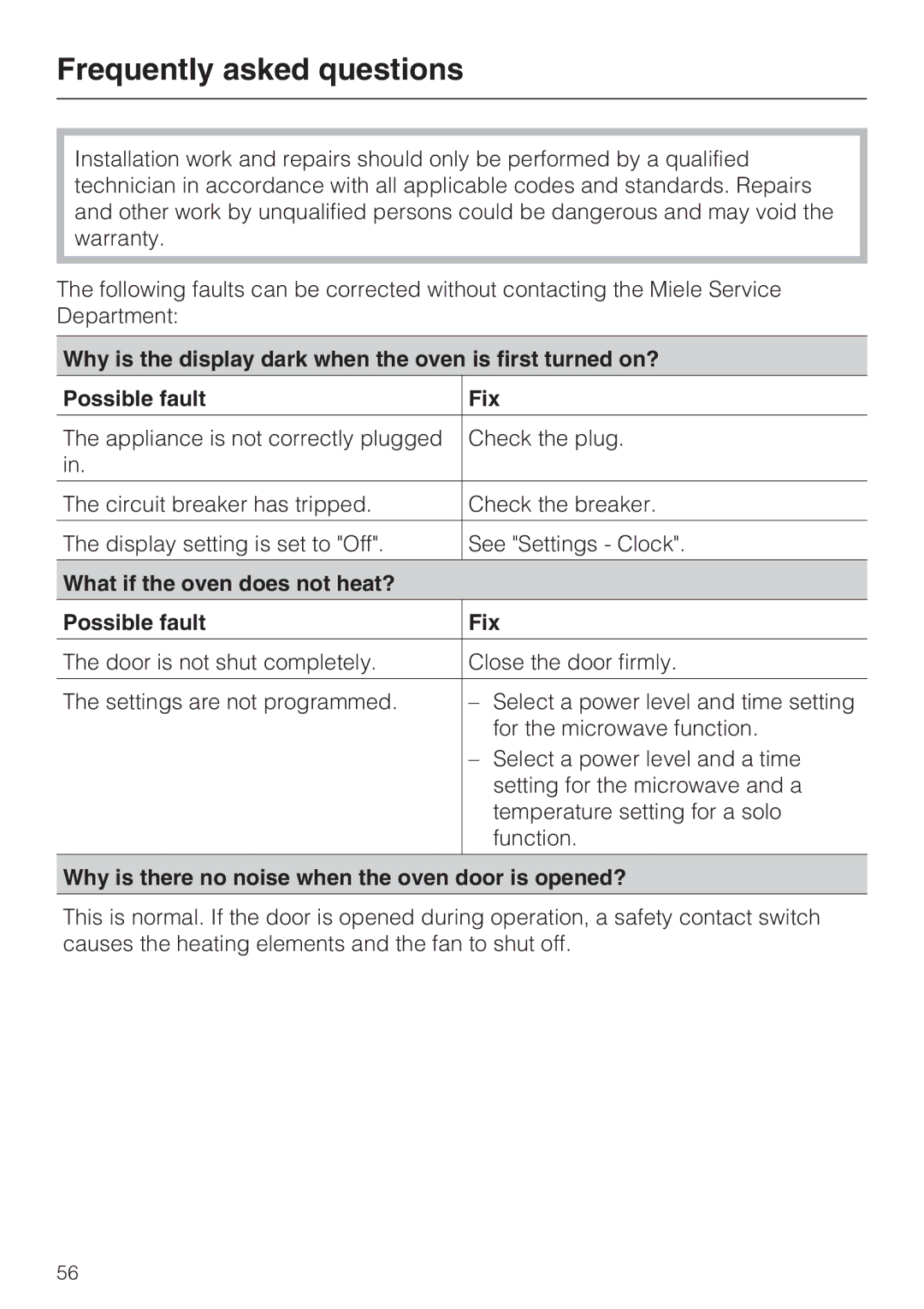 Miele H4080BM installation instructions Frequently asked questions, What if the oven does not heat? Possible fault Fix 