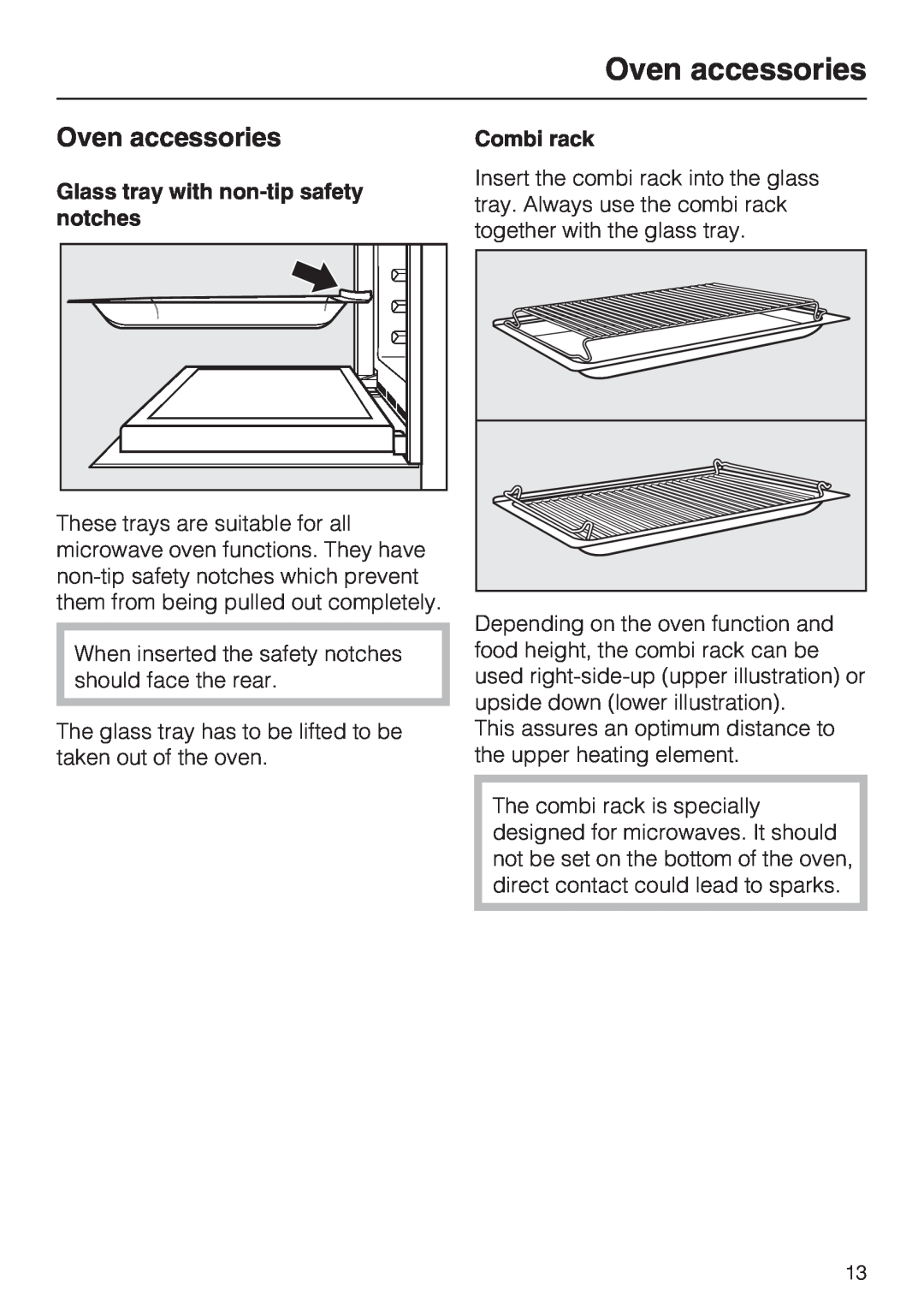 Miele H4080BM installation instructions Oven accessories, Glass tray with non-tipsafety notches, Combi rack 