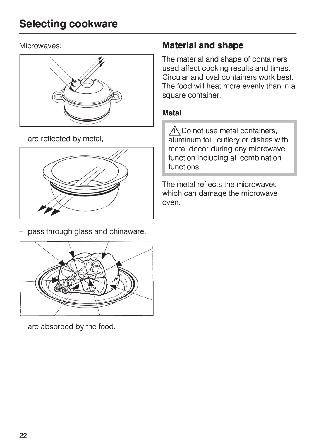Miele H4080BM installation instructions Selecting cookware, Material and shape, Metal 