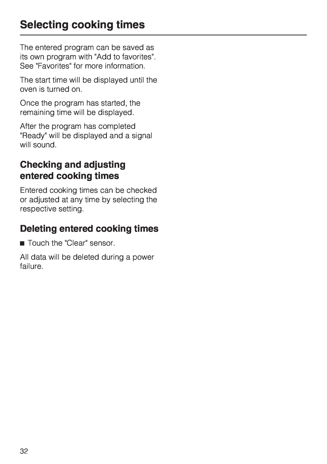Miele H4080BM Checking and adjusting entered cooking times, Deleting entered cooking times, Selecting cooking times 