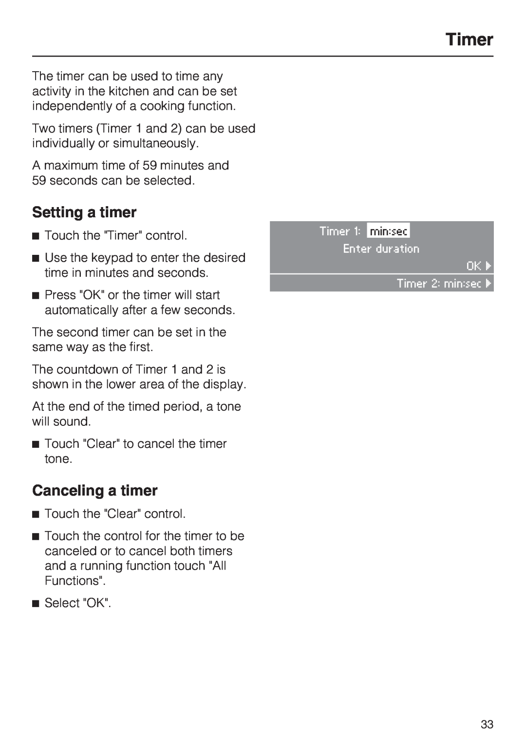 Miele H4080BM installation instructions Timer, Setting a timer, Canceling a timer 