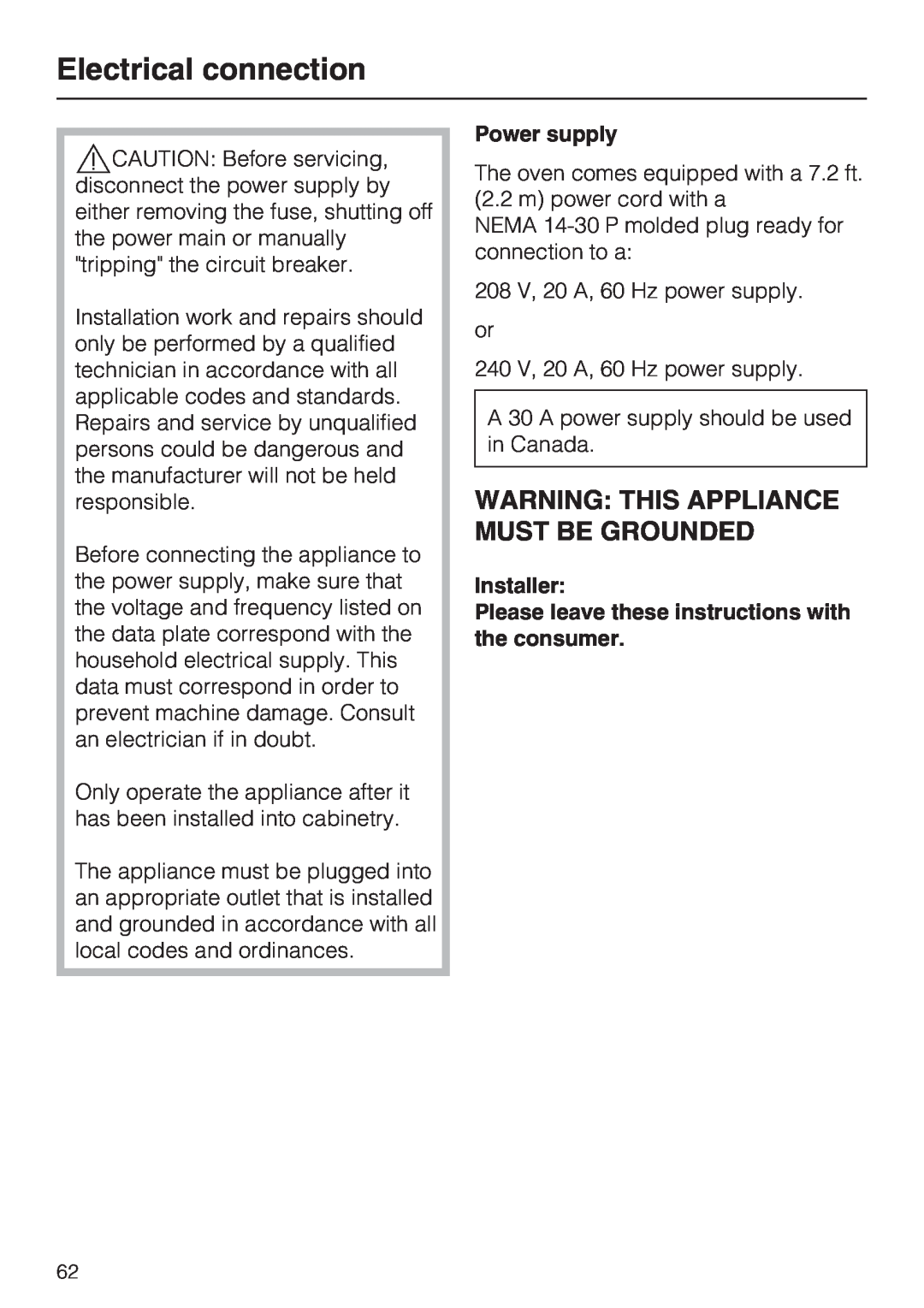 Miele H4080BM Electrical connection, Warning This Appliance Must Be Grounded, Power supply, Installer 