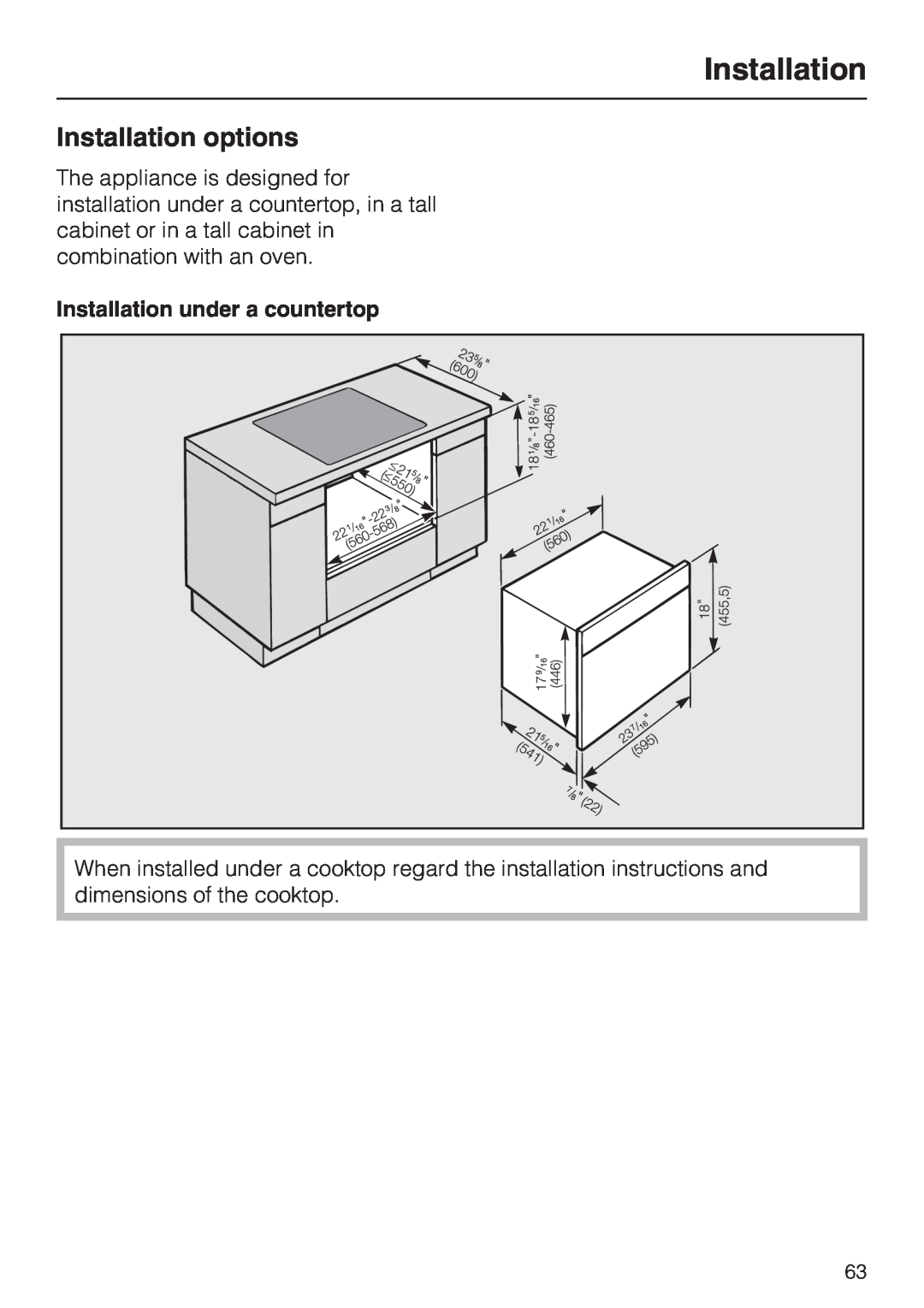 Miele H4080BM installation instructions Installation options, Installation under a countertop 