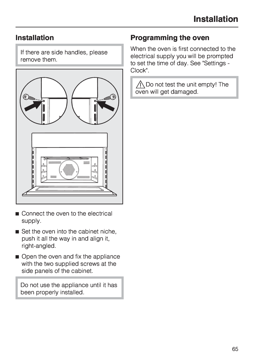 Miele H4080BM installation instructions Installation, Programming the oven 