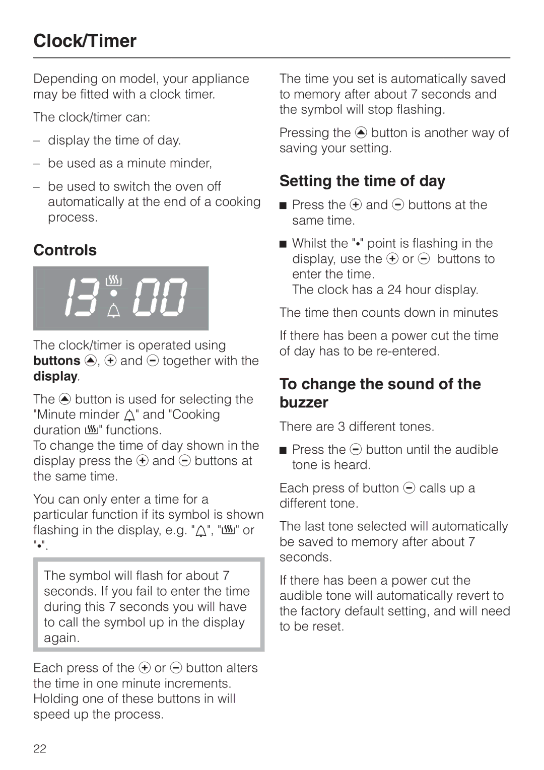 Miele H4210, H4200 installation instructions Clock/Timer, Setting the time of day, To change the sound of the buzzer 