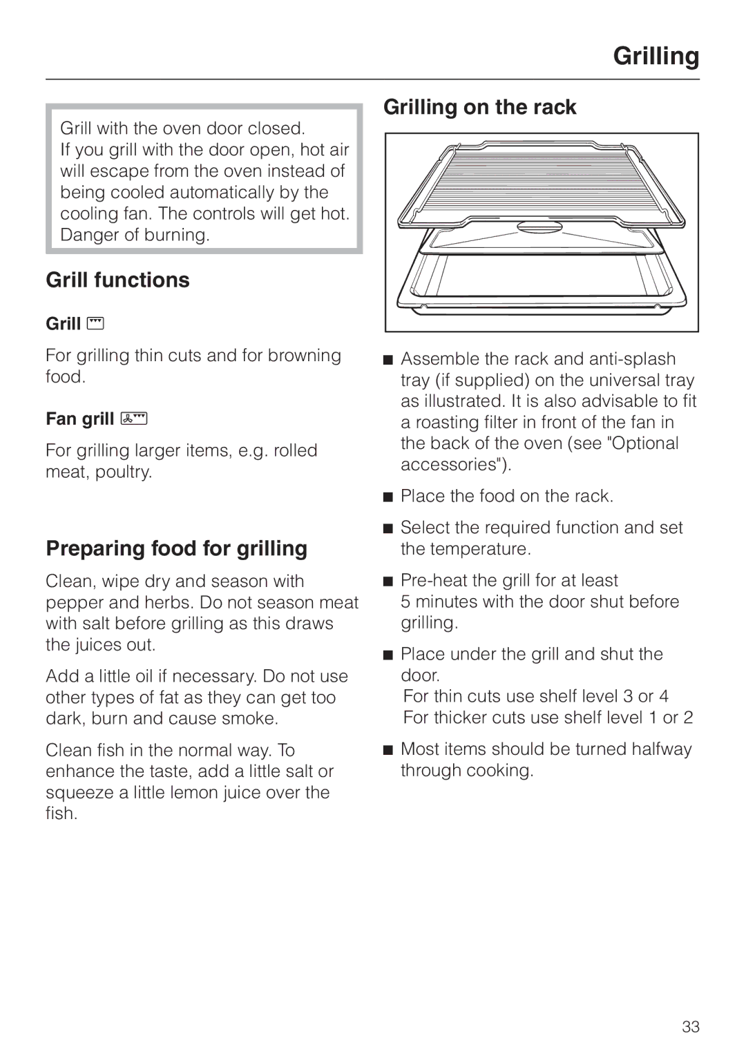 Miele H4200, H4210 installation instructions Grill functions, Preparing food for grilling, Grilling on the rack 