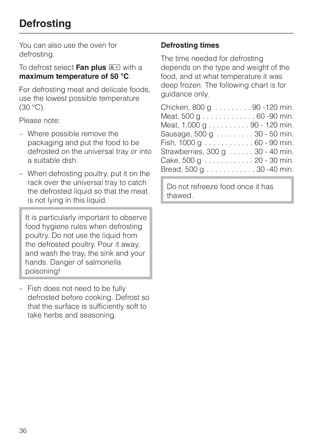 Miele H4210, H4200 installation instructions Defrosting times 