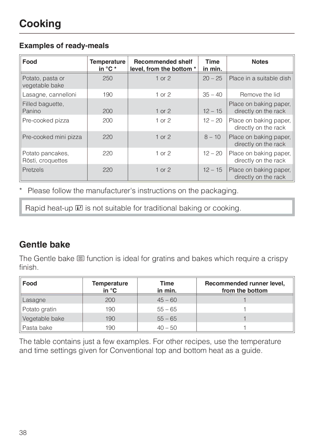 Miele H4210, H4200 installation instructions Gentle bake, Examples of ready-meals 