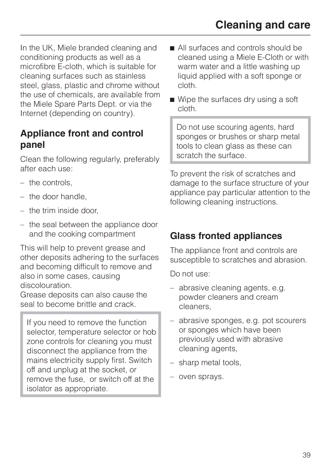 Miele H4200, H4210 installation instructions Cleaning and care, Appliance front and control panel, Glass fronted appliances 