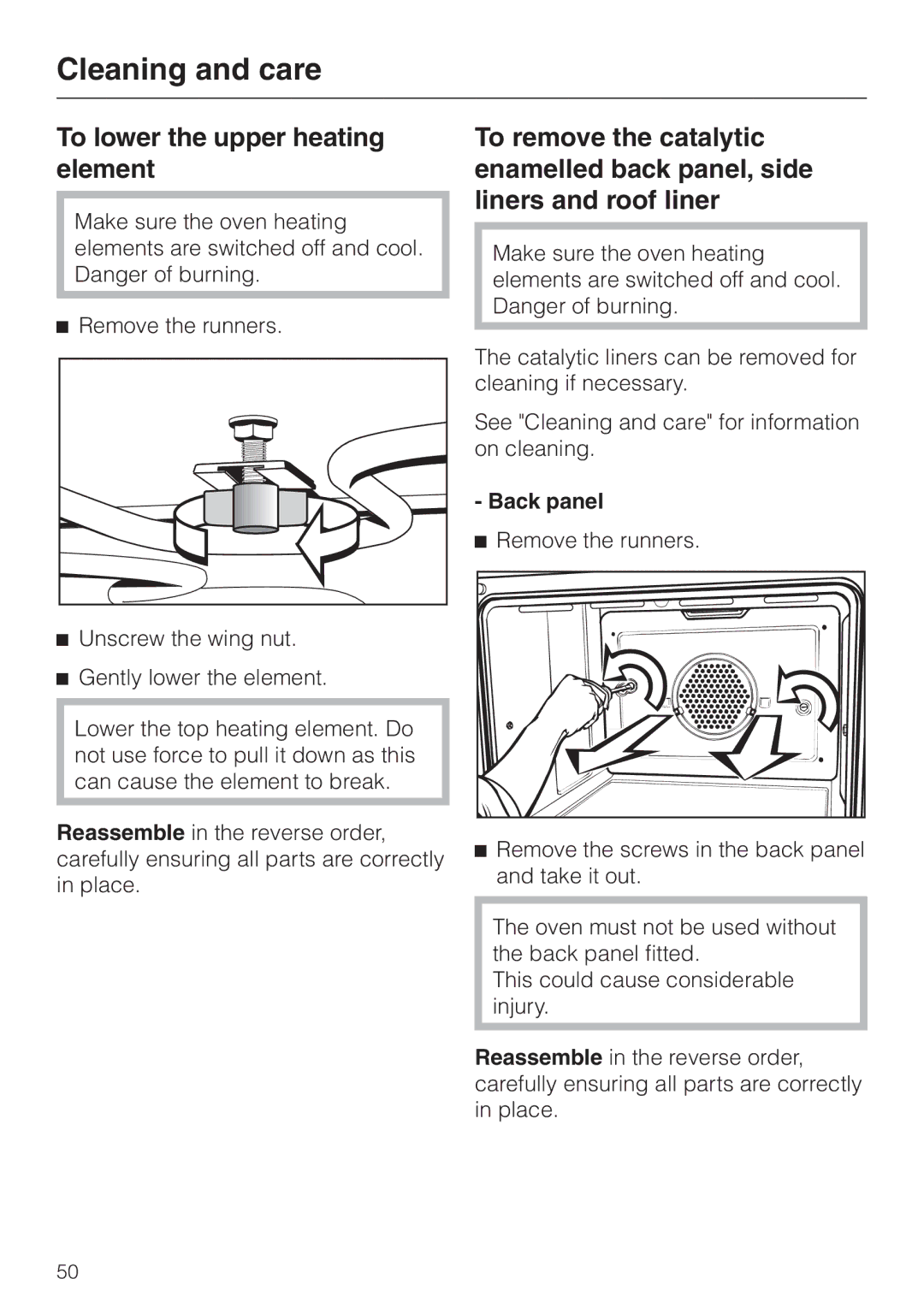 Miele H4210, H4200 installation instructions To lower the upper heating element, Back panel Remove the runners 