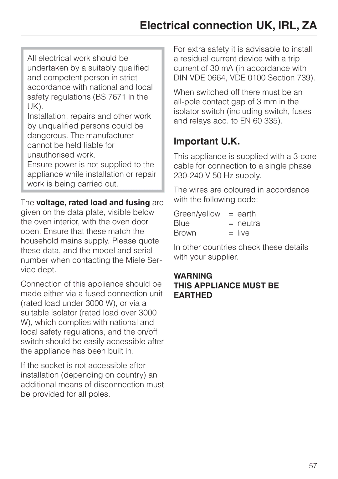 Miele H4200, H4210 installation instructions Electrical connection UK, IRL, ZA, Important U.K 