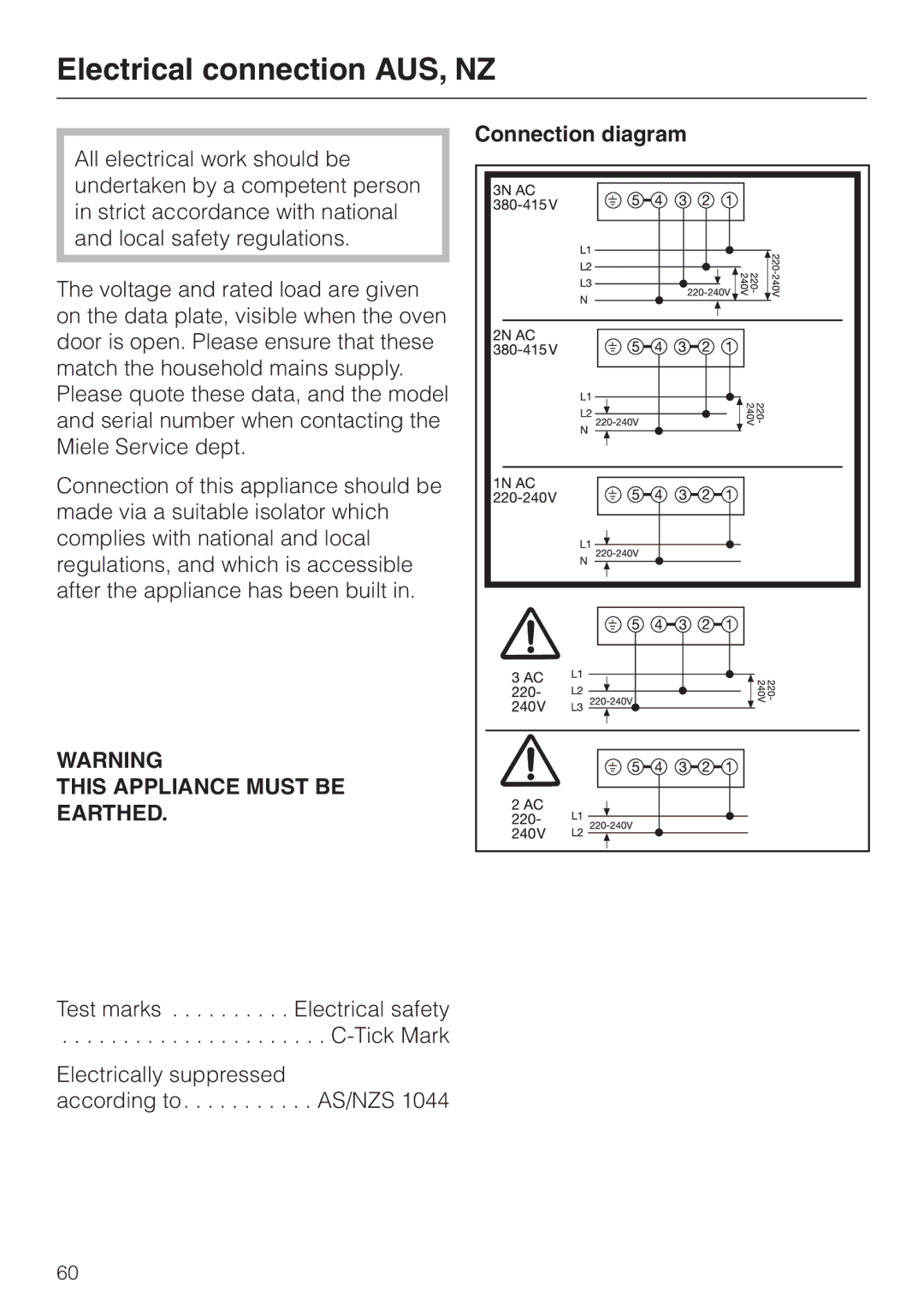 Miele H4210, H4200 installation instructions Electrical connection AUS, NZ, Connection diagram 