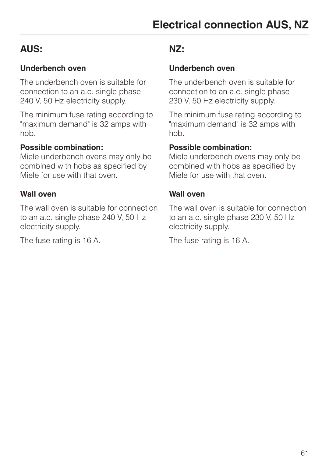 Miele H4200, H4210 installation instructions Underbench oven, Possible combination, Wall oven 