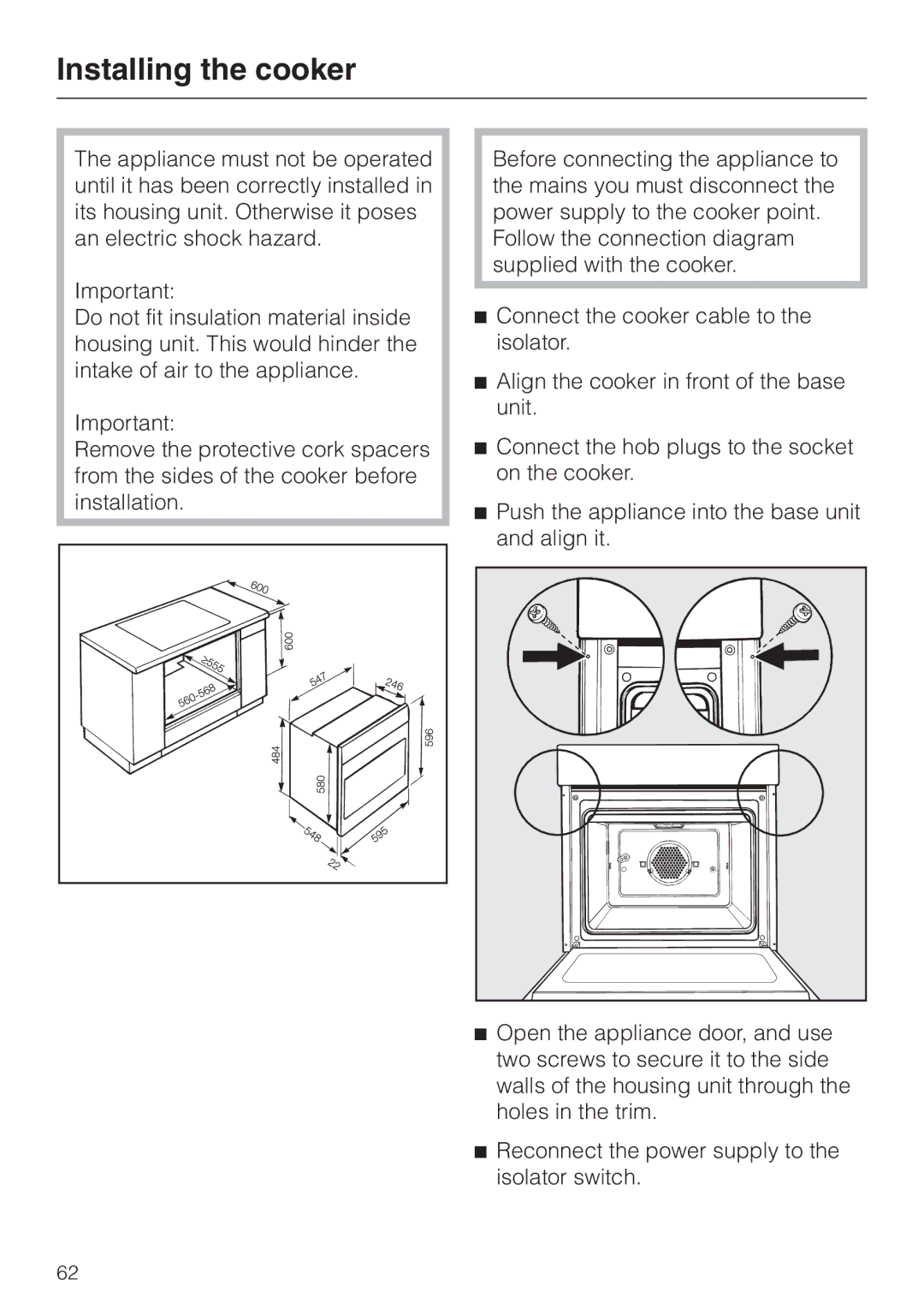 Miele H4210, H4200 installation instructions Installing the cooker 