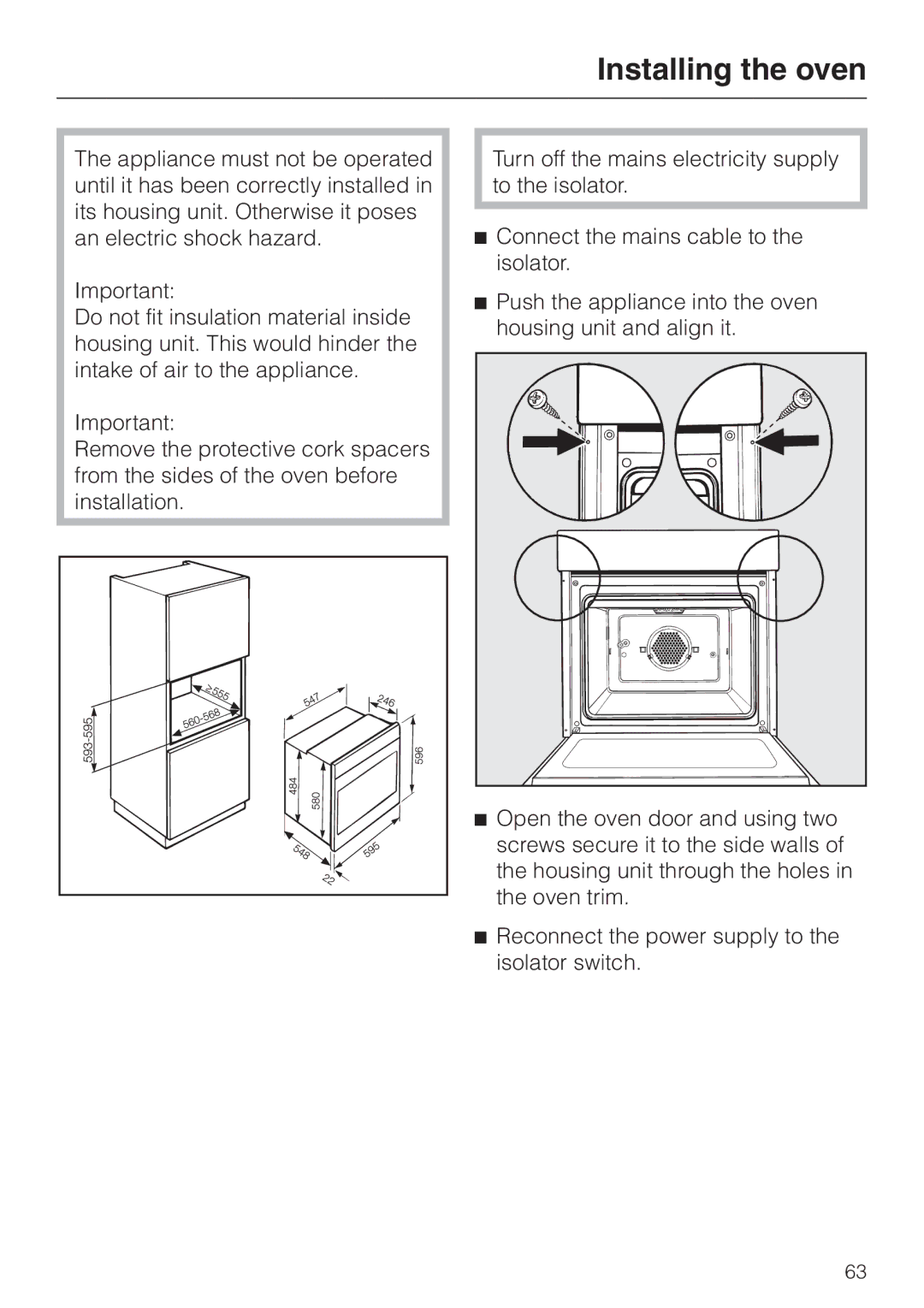 Miele H4200, H4210 installation instructions Installing the oven 