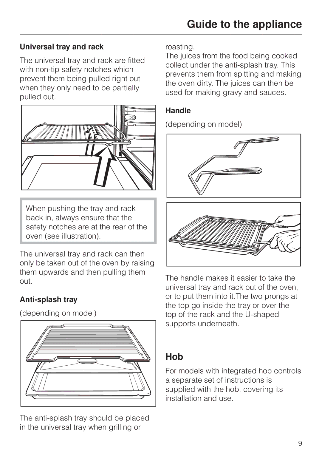 Miele H4200, H4210 installation instructions Hob, Universal tray and rack, Anti-splash tray, Handle 